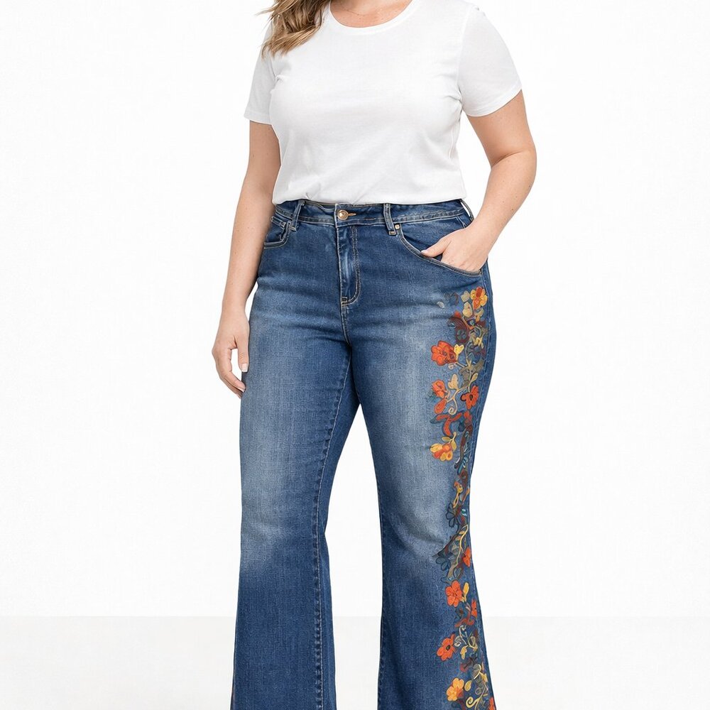 INC International Concepts Embroidered Flare Leg Jeans | Floral Detail | Mid-Ris - Picture 2 of 9